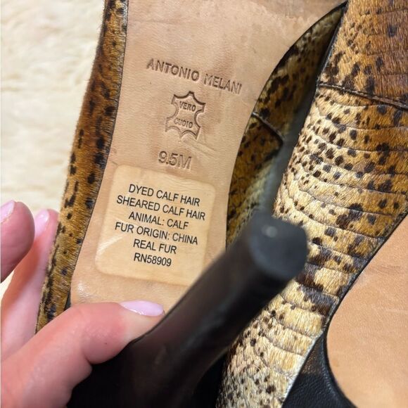 ANTONIO MELANI Brown and Cream Snakeskin Heels with Calf Fur - Picture 8 of 9